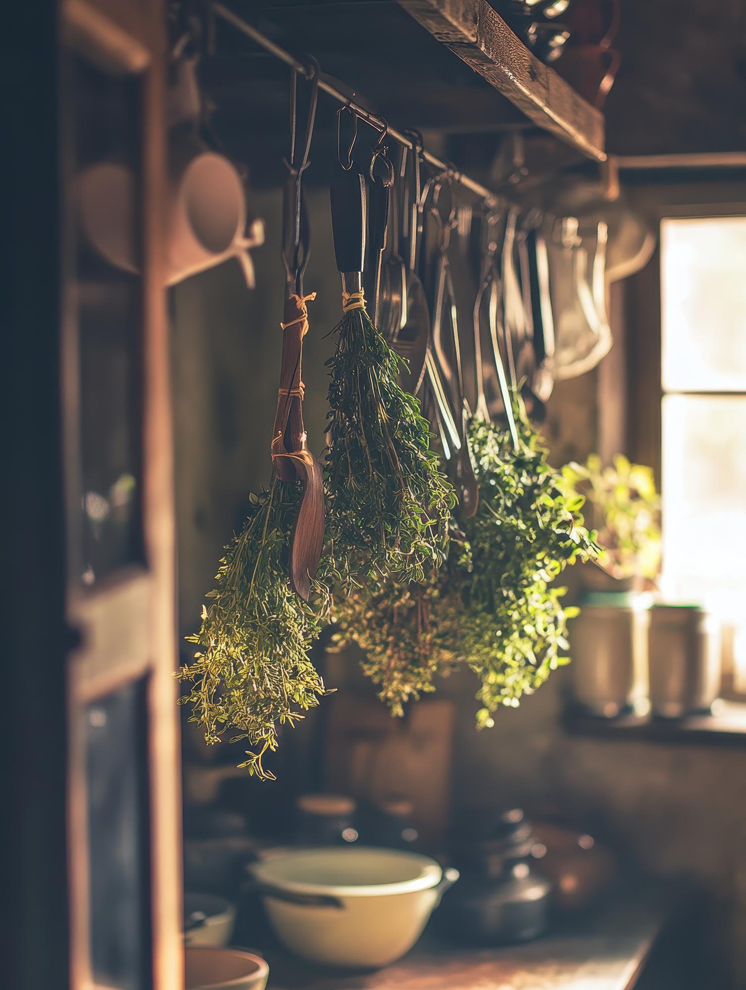 Interior of a small neighborhood kitchen with hanging herbs